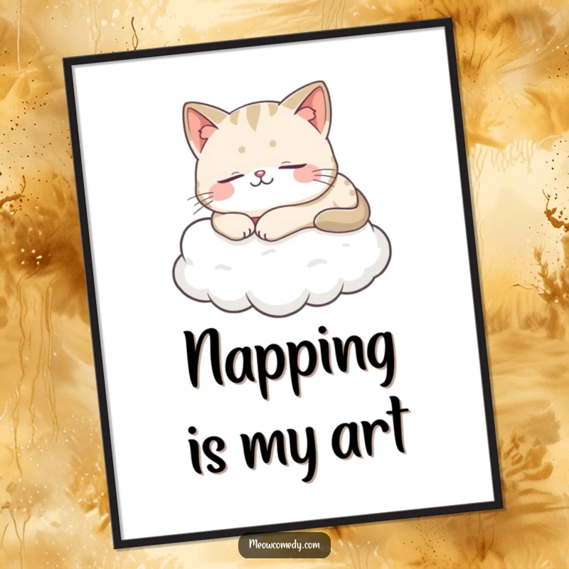 Funny Cat Poster featuring a fluffy cat blissfully sleeping on a soft cloud, radiating contentment and peace.