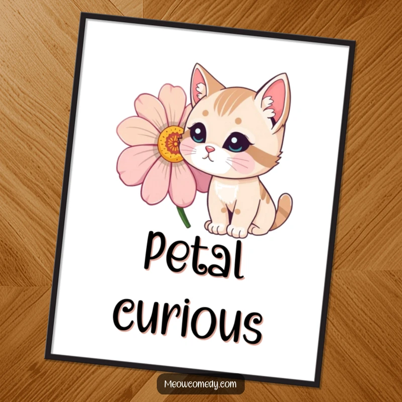 Funny Cat Poster featuring a curious cat with wide eyes and twitching whiskers sniffing a large, colorful flower.