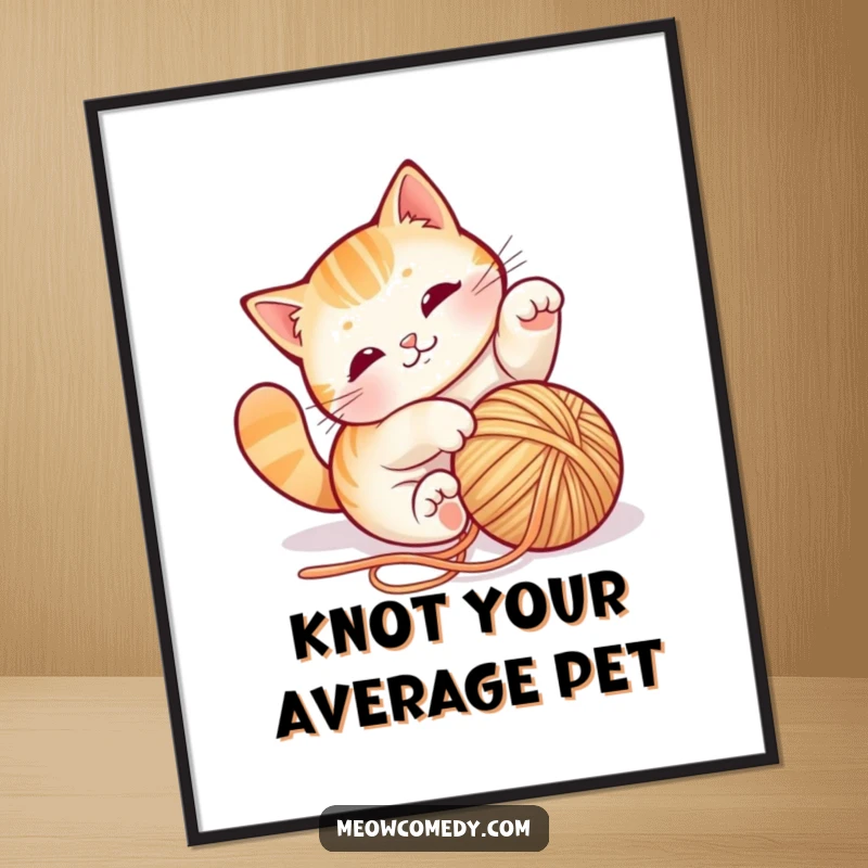 Funny cat yarn poster, hilariously tumbling with a ball of string, adorably chaotic and playful, a delightful wall decoration.