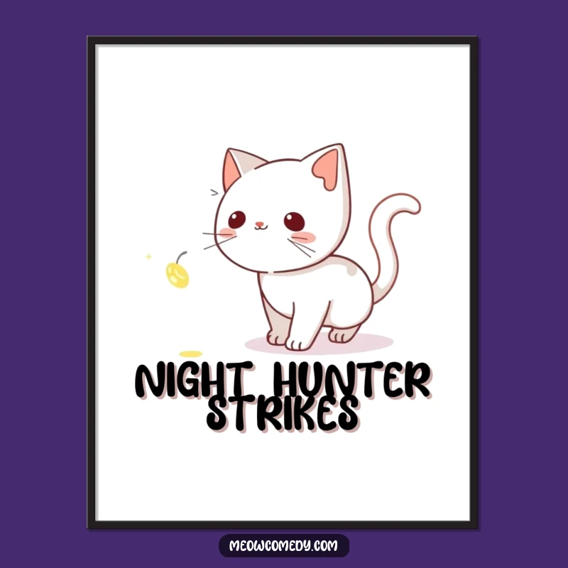 Funny Curious Cat Poster: Firefly Chase Art - Whimsical Decor