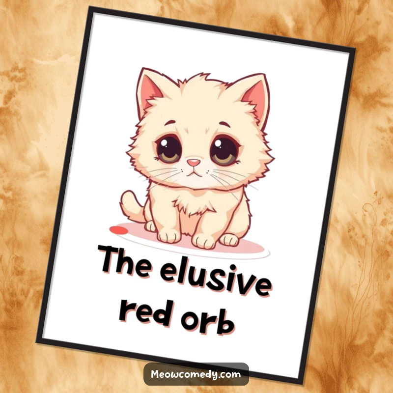 Funny Fluffy Cat Poster: A fluffy cat with enormous eyes is comically captivated by a small, bright laser pointer dot.