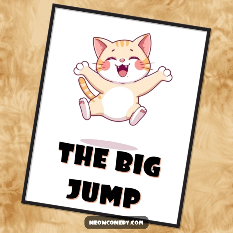 Funny happy cat leap poster, mid-graceful jump with paws extended, elegant and joyful, a dynamic piece of wall art.