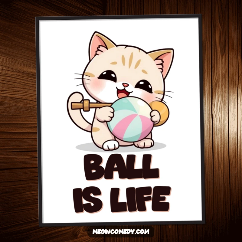 Funny poster illustration of a kawaii cat batting a colorful ball with pure delight and cuteness.