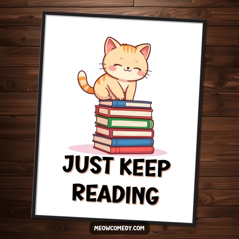 Funny kawaii cat trying to balance on a towering stack of books, a humorous and cute art print.
