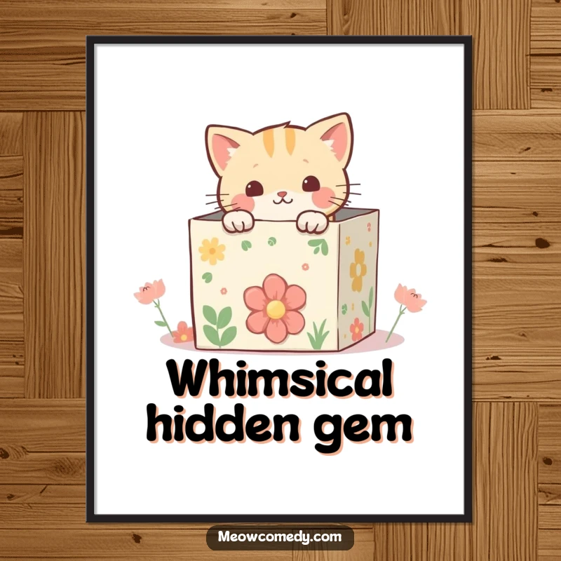 Funny kawaii cat peeking from inside a whimsical, decorated box, creating a charming and whimsical piece of wall art.