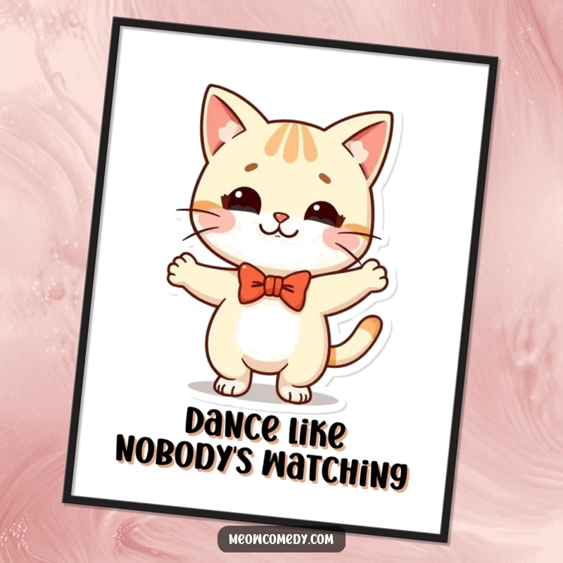 Funny Kawaii Cat Poster: a cute cat in a bow tie, doing a silly dance, bringing cheerful vibes to any room.