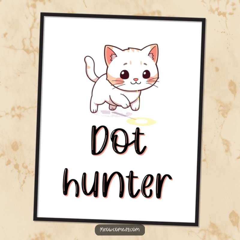 Funny kawaii cat intently chasing a red laser dot across a floor, humorous and energetic wall art.