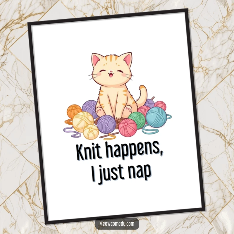 Funny kawaii cat artwork showing a pleased cat surrounded by a mess of yarn balls, whimsical wall decor gift.