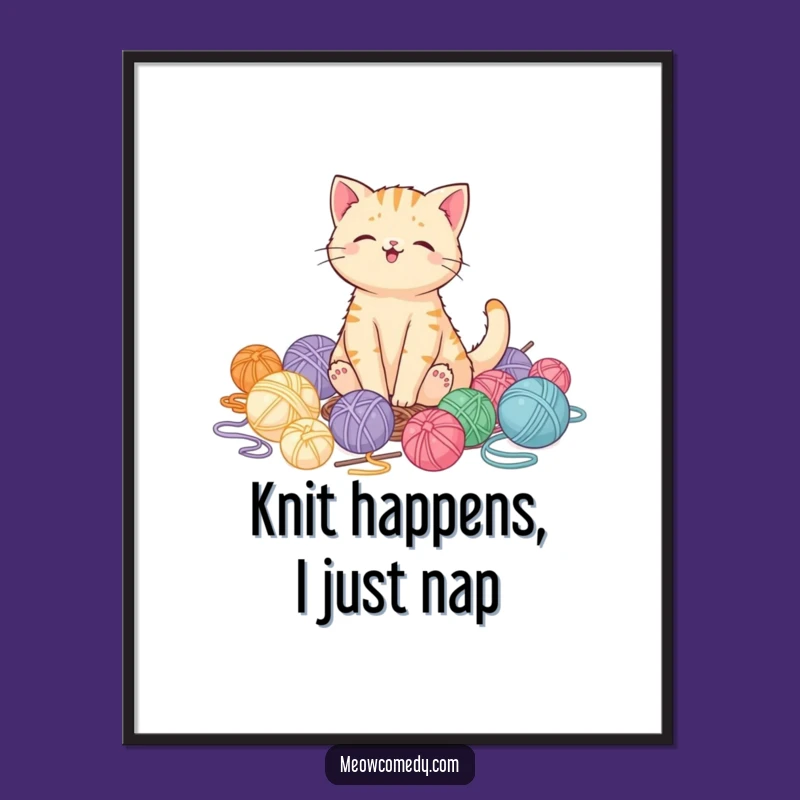 Funny Kawaii Cat Yarn Art Poster, Whimsical Wall Decor Gift