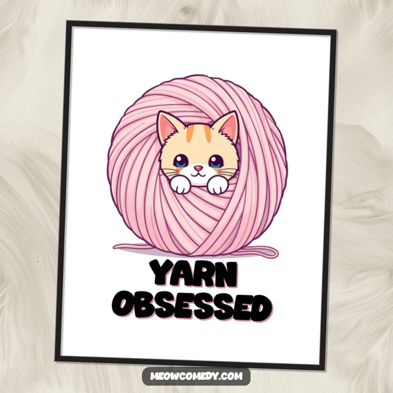 Funny poster of a kawaii cat peeking from behind a giant ball of yarn, perfect for wall decor.