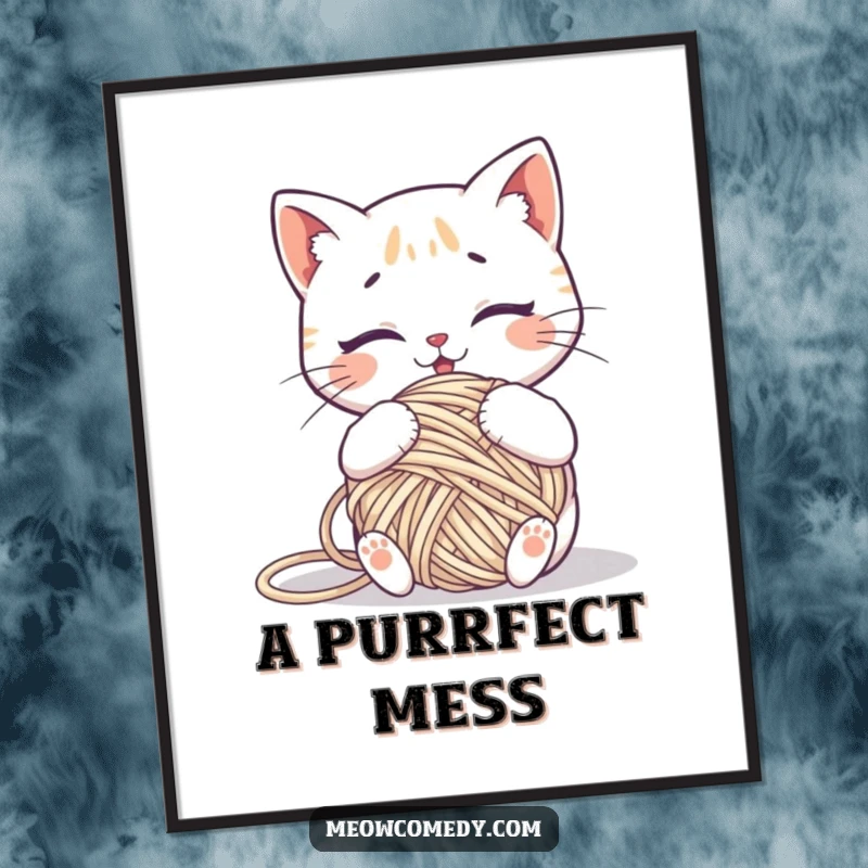 Funny kawaii cat comically tangled in a ball of yarn, humorous poster art for home decor.