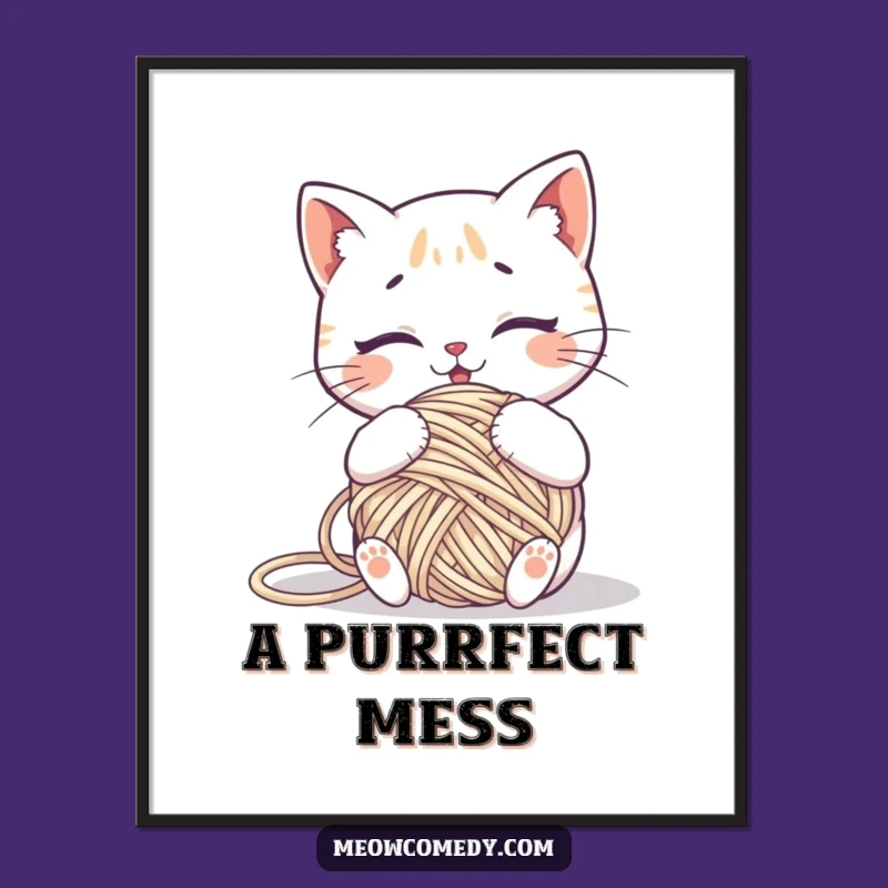 Funny Kawaii Cat Yarn Tangled Poster: Whimsical Wall Art for Cat Lovers Gift