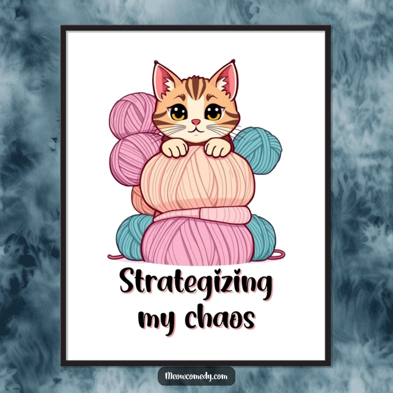 Funny cat poster showcasing a mischievous cat peeking playfully over a tall stack of colorful yarn balls with a sly expression.
