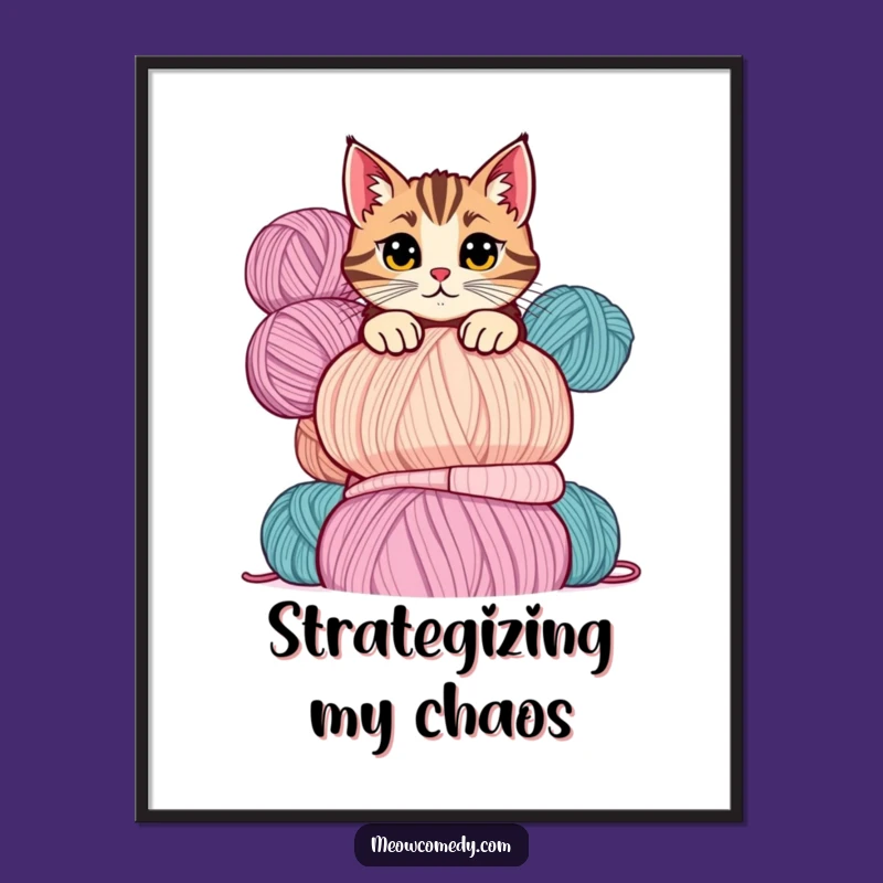 Funny Mischievous Cat Yarn Poster: Whimsical Art for Walls, Perfect Funny Gift Decor