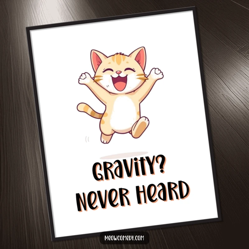 Funny Cat Leap Poster: an energetic cat cub, gracefully leaping with excitement, creating a dynamic and cheerful atmosphere.