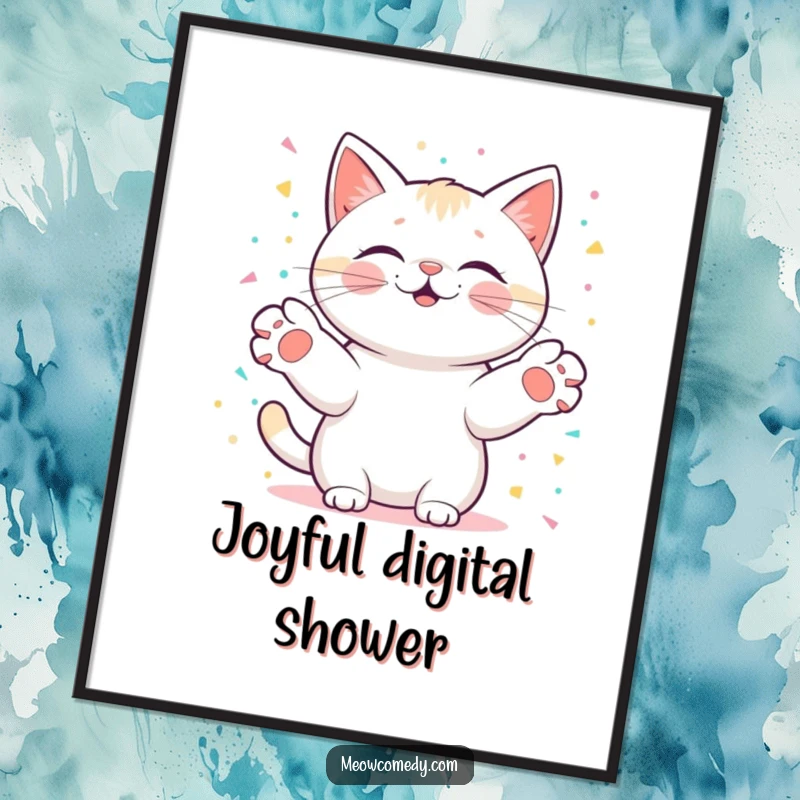 Funny kawaii cat with paws outstretched, catching digital confetti, creating a dynamic and joyous piece of wall art.
