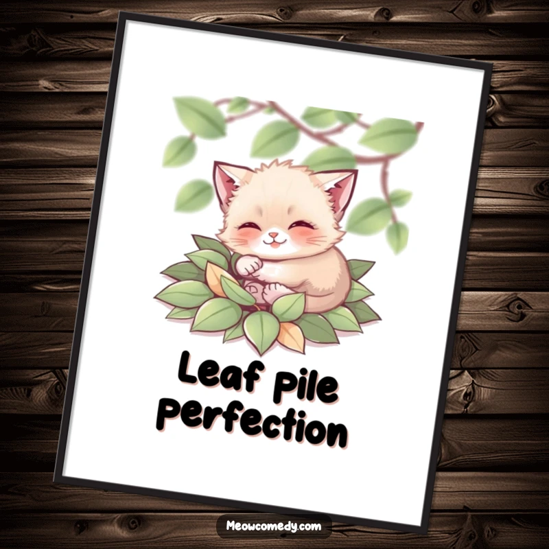 Funny Cat Poster: A tiny, joyful cat rolling in a colorful, soft pile of autumn leaves, capturing pure seasonal delight.