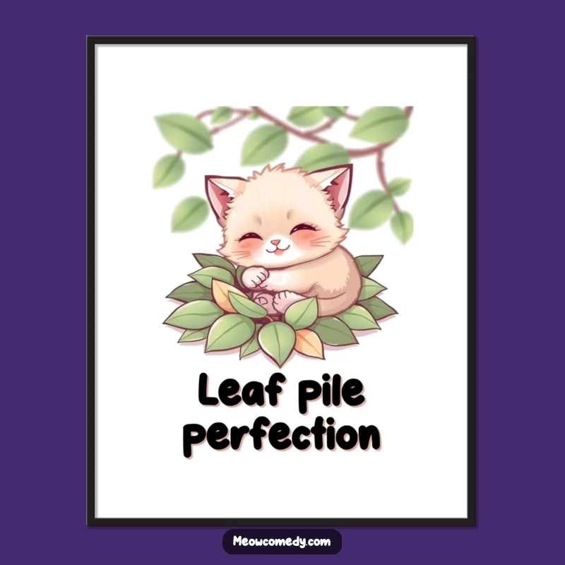 Funny Tiny Cat Poster: Leaf Pile Bliss Art - Whimsical Decor