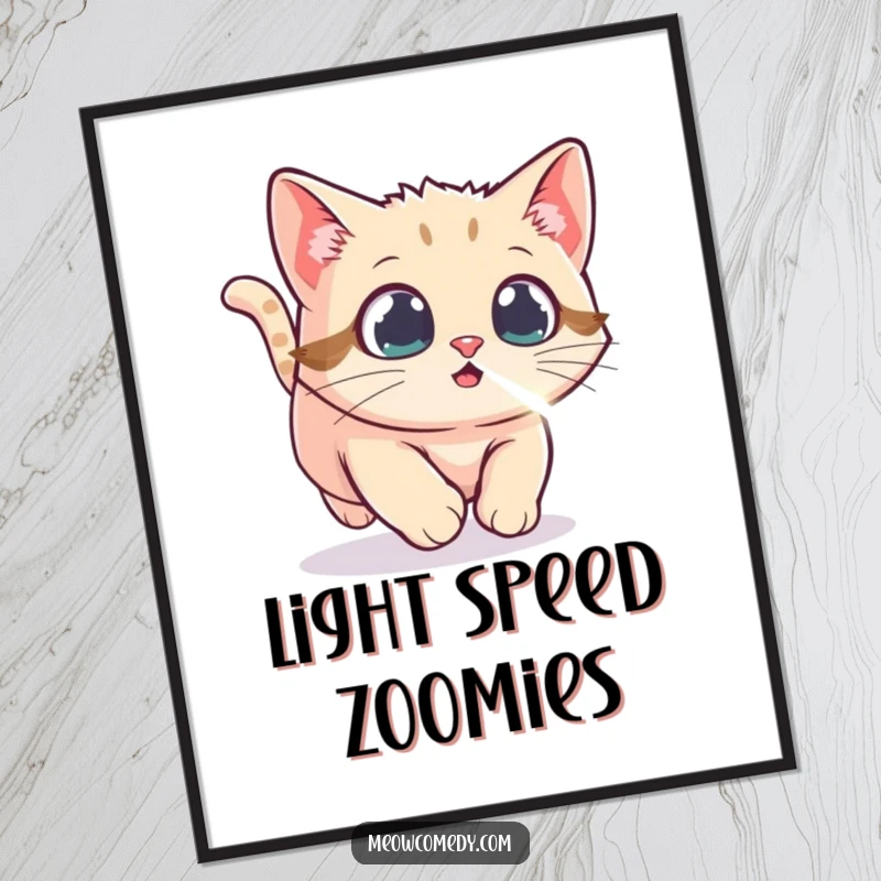 Funny Kawaii Cat Poster print capturing a cat with wide, excited eyes, energetically chasing a shimmering laser dot across the wall art.