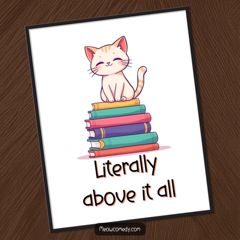 Funny poster art of a cat in perfect balance atop a colorful stack of books, embodying literary sophistication.