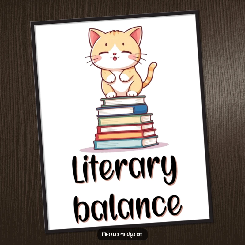 Funny kawaii cat attempting to balance on a wobbly stack of books, humorous and cute wall art.
