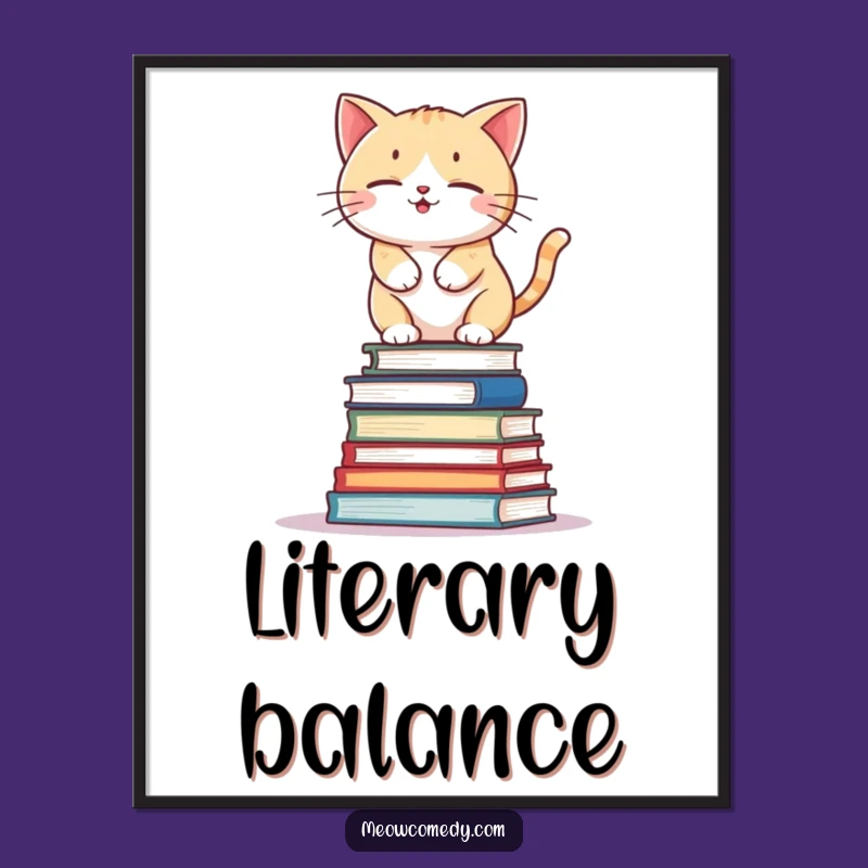 Funny Kawaii Cat Book Stack Poster: Wobbly Art Print, Hilarious Home Decor Gift