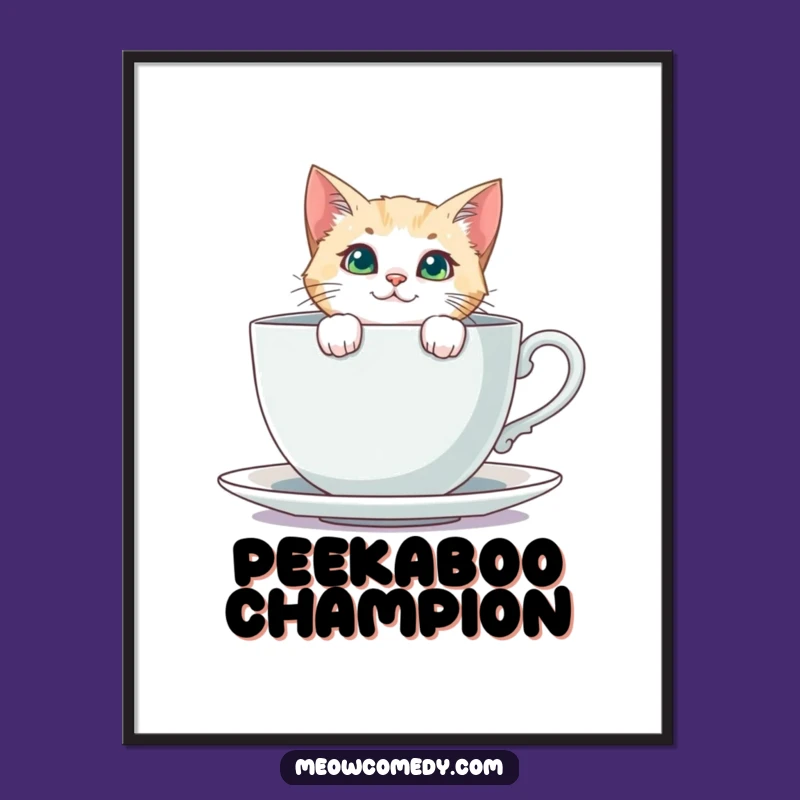 Funny Curious Cat Poster: Teacup Peeking Feline Wall Art Gift