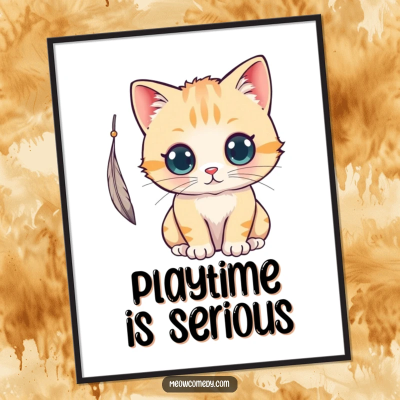 Funny kawaii cat with curious eyes, batting at a dangling feather, a charming and humorous art print.