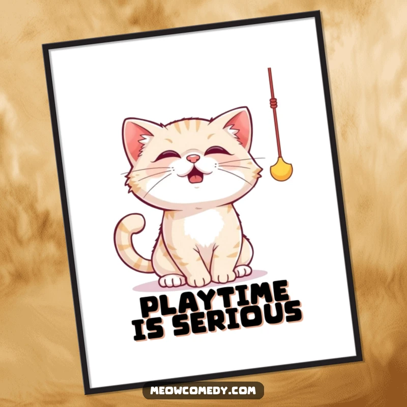 Funny cat poster showcasing a cat playfully batting at a dangling string toy with its paws, full of energetic fun.