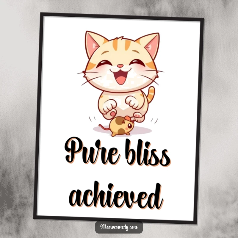 Funny Cat Poster: An energetic illustration of a happy cat with a huge grin, chasing a bouncing mouse toy.