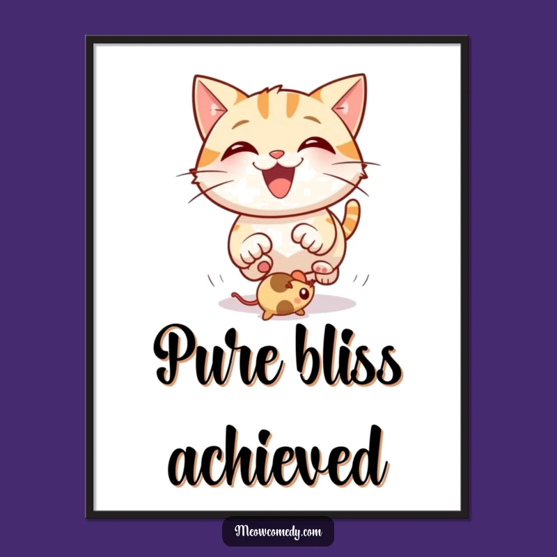 Funny Happy Cat Poster: Bouncing Mouse Toy Action Art for Your Walls