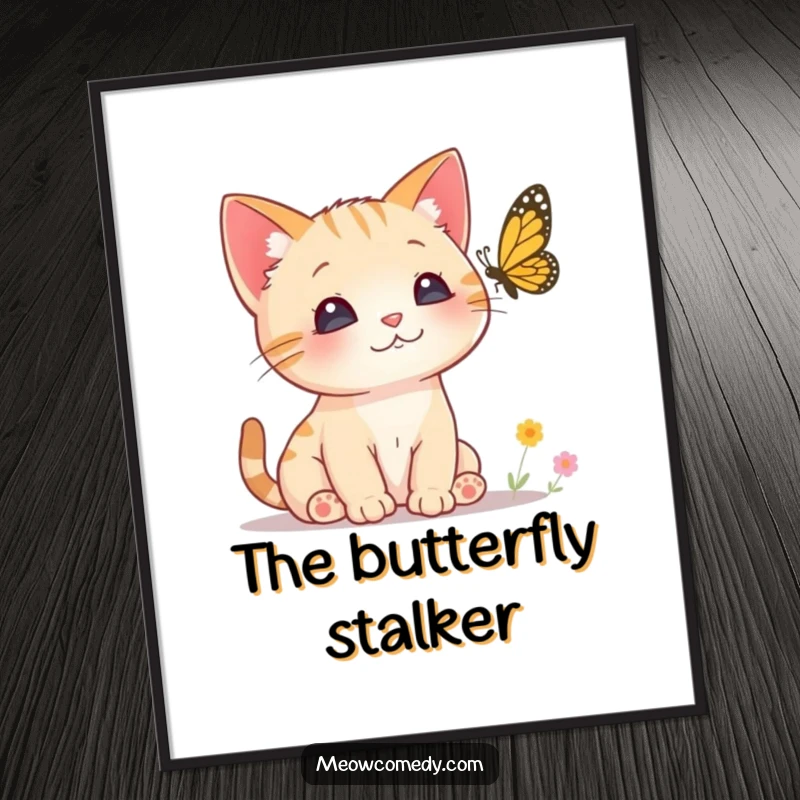 Funny Curious Cat Poster featuring a small kitten with ears perked, intently watching a butterfly, creating a charming and humorous scene.