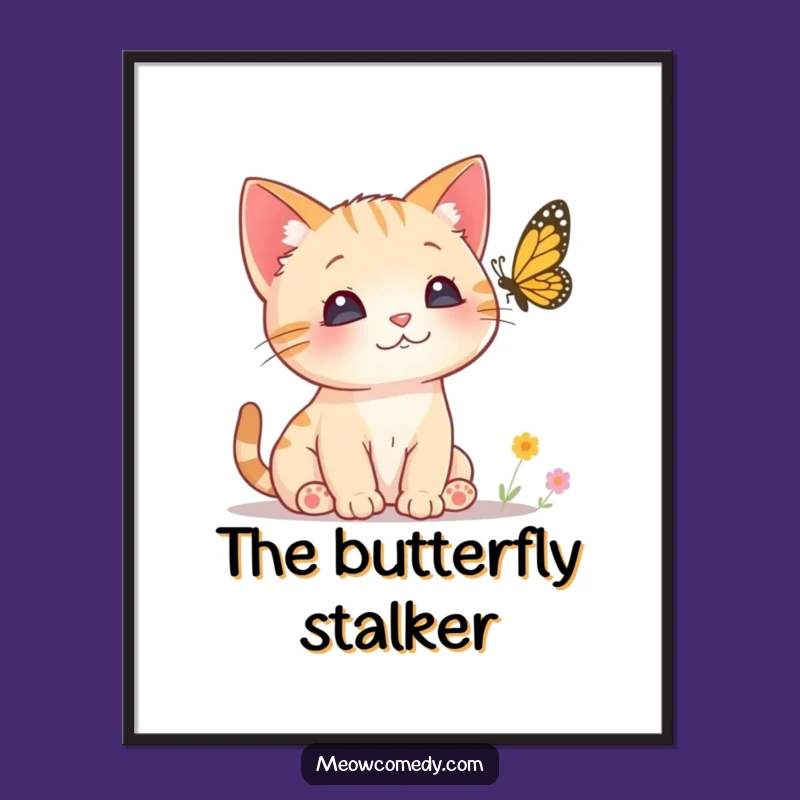 Funny Curious Cat Poster - Perked Ears Kitten Butterfly Watch Wall Art
