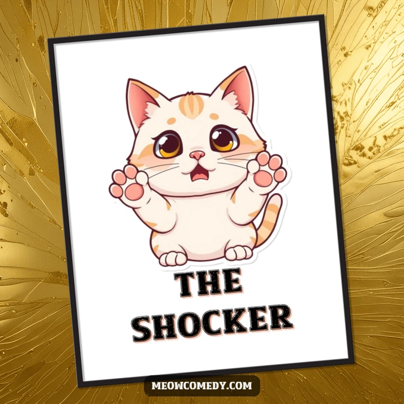 Funny surprised cat poster, paws up in mock fear, eyes wide, conveying exaggerated surprise and humor, perfect wall art.
