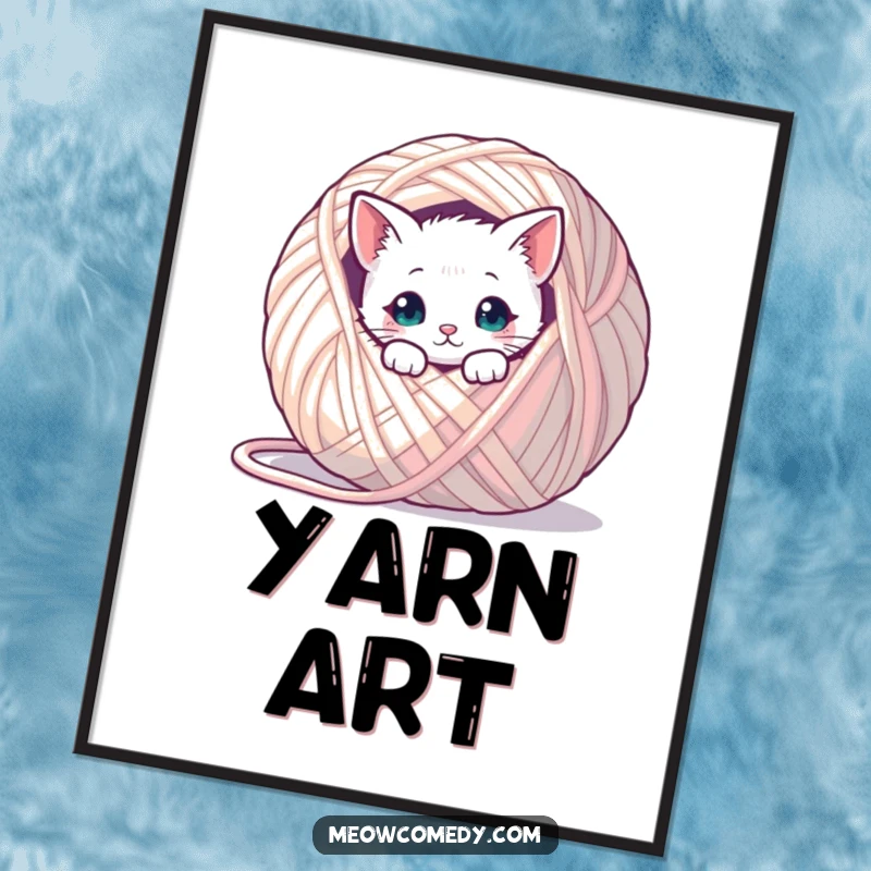 Funny kawaii cat peeking from behind a giant ball of yarn, humorous and cute wall art for cat enthusiasts.