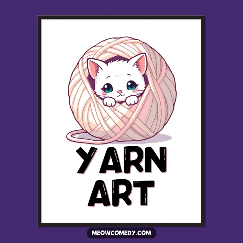 Funny Kawaii Cat Yarn Poster: Adorable Peek-a-Boo Art Print, Hilarious Home Decor Gift