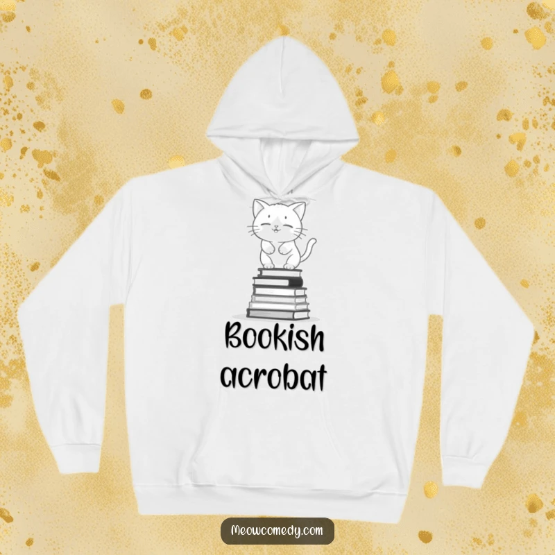 Funny kawaii cat balancing on a wobbly stack of books, comfortable and humorous hoodie for bookworms.