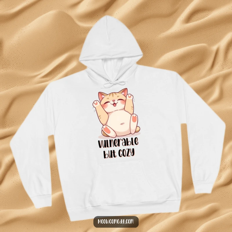 Funny hoodie graphic of a cat rolling onto its back with a contented sigh, exposing its belly in a moment of pure joy.