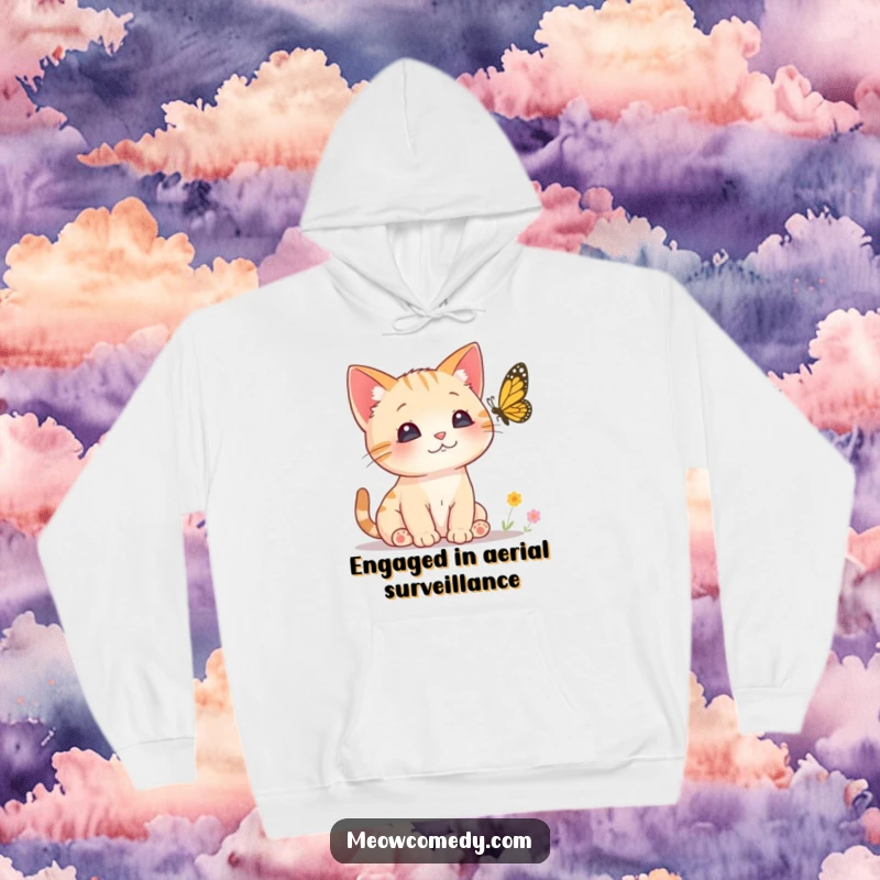 Funny Curious Cat Hoodie showing a small kitten with ears perked, attentively watching a butterfly, designed for comfort and curious charm.