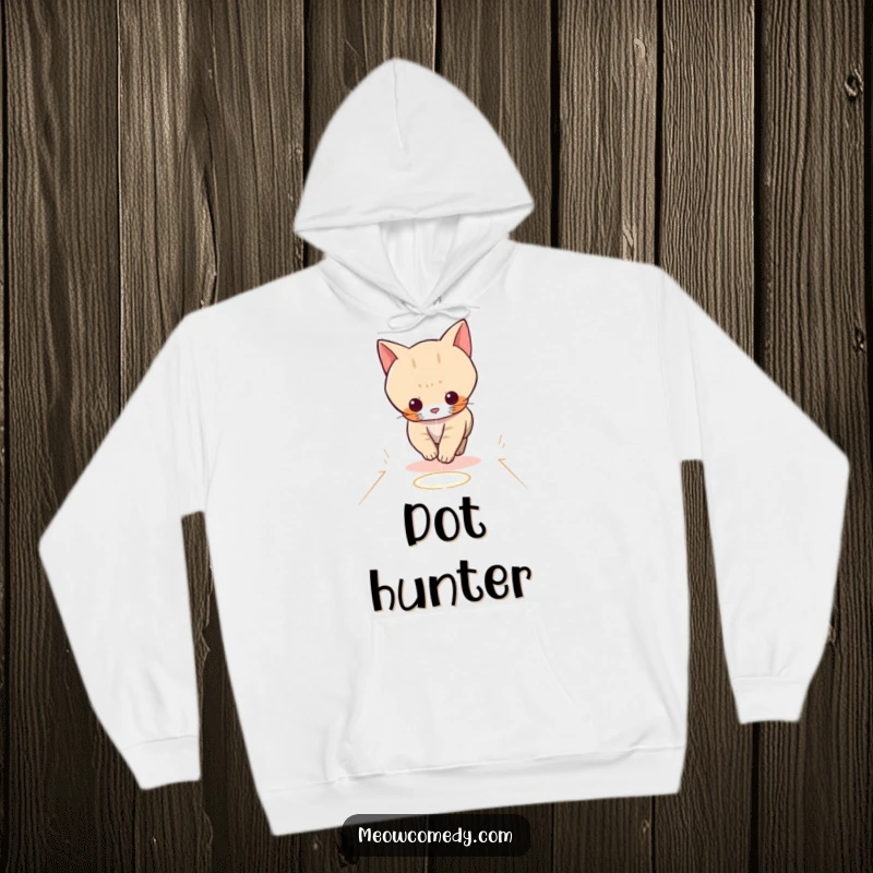 Funny cozy hoodie with a kawaii cat playfully chasing a red laser dot across a floor, perfect for gifting.