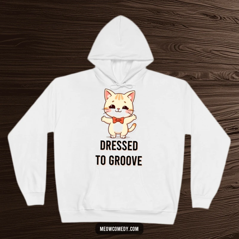 Funny Kawaii Cat Hoodie: a cute cat in a bow tie, doing a silly dance, offering comfort and playful vibes.