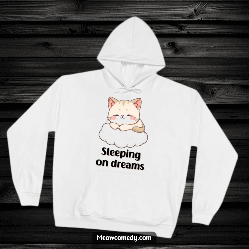Funny Cat Hoodie with a graphic of a content cat peacefully sleeping atop a soft, fluffy cloud.
