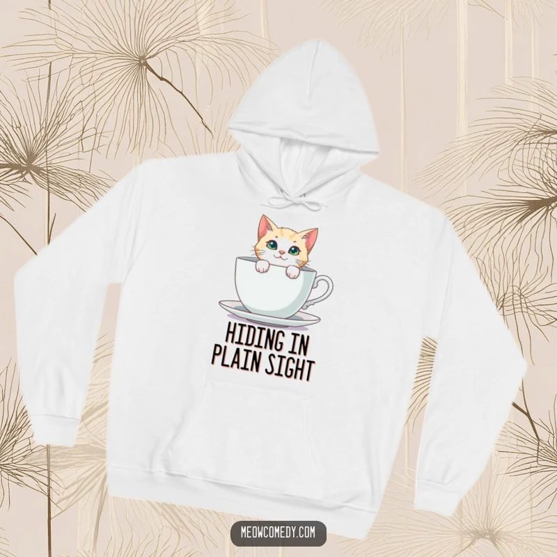 Funny Curious Cat Hoodie: A curious cat peeks from behind a huge teacup, offering a humorous and comforting design.