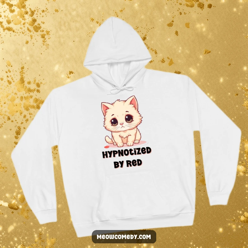 Funny Fluffy Cat Hoodie: A small, fluffy cat with big round eyes intensely plays with a small, bright laser pointer dot.