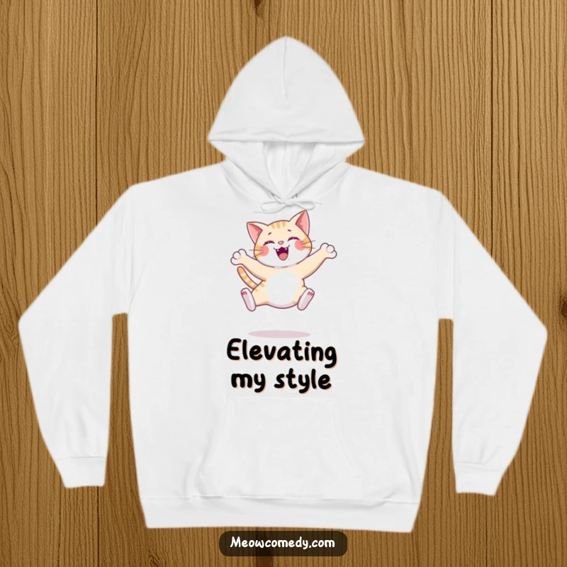 Funny happy cat hoodie, mid-graceful leap pose, soft and comfortable, celebrating feline agility and joy, cozy apparel.