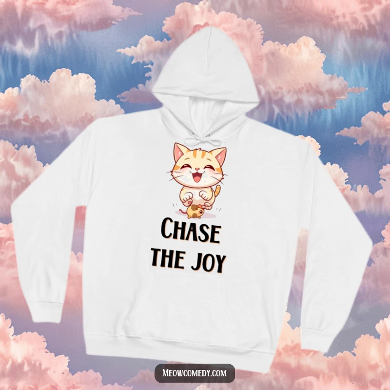Funny Cat Hoodie: A cozy hoodie design showing a happy cat with a wide grin, chasing a bouncing mouse toy.