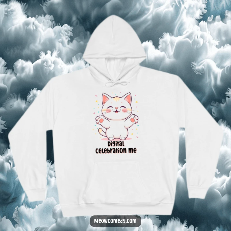 Funny kawaii cat with paws outstretched, catching digital confetti, a cozy and festive scene on a comfortable hoodie.