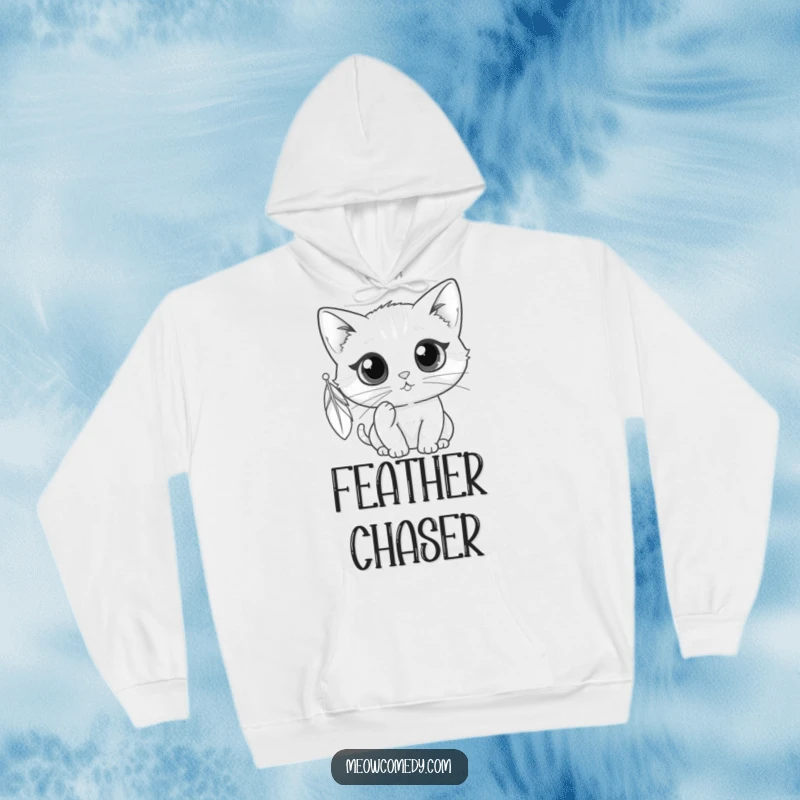 Funny kawaii cat with wide eyes batting at a feather, comfortable and humorous hoodie for playful souls.