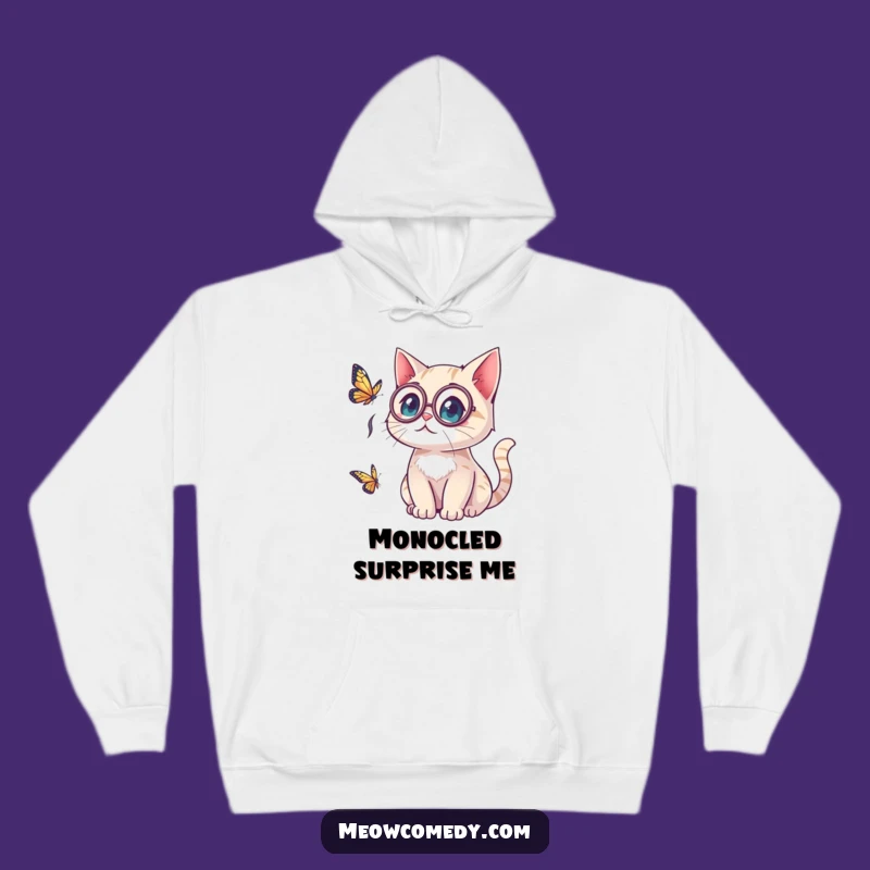 Funny Kawaii Cat Monocle Hoodie: Surprised Delight, Cozy Gift