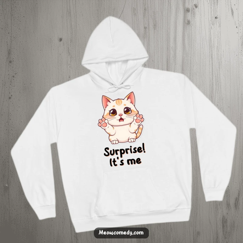 Funny surprised cat hoodie, paws held up in feigned fright, soft and warm, showcasing a humorous reaction, great apparel.